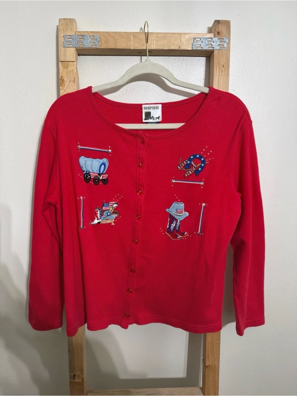 Vintage Red Embroidered Western-Accent Button Cardigan